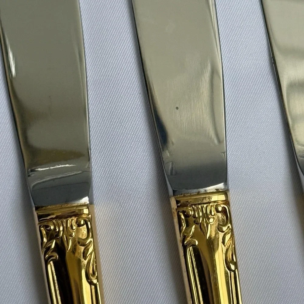 Reed & Barton Ultra Select Gold Handle‎ Dinner Knives Set 4 Japan Floral